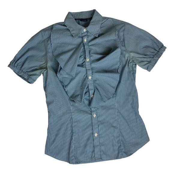 Ralph Lauren Sport Blue & White Striped Button-Up Shirt Size 4 Preppy Ruffle Top - Picture 1 of 5